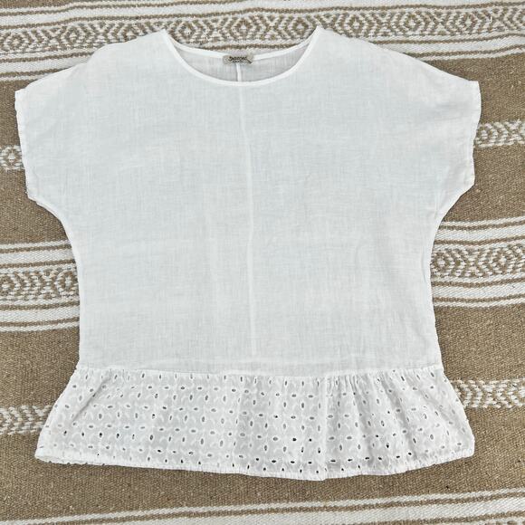 Spazio Chic 100% Linen Top Womens Small White Cotton Eyelet Peplum Blouse Italy - Picture 1 of 8